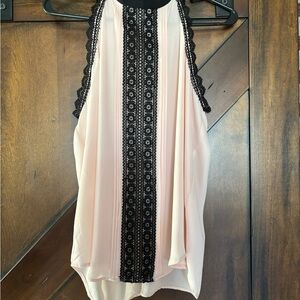 New York & Company Pink and Black Lace Trim Top
